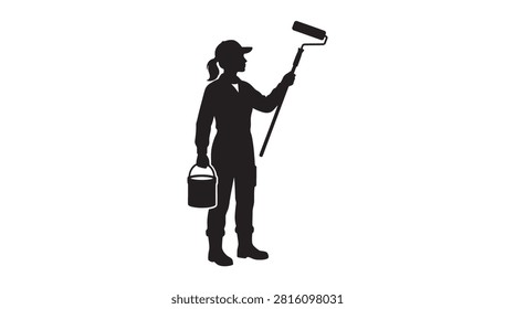 This image depicts a painter holding a roller and bucket, presented as a black silhouette against a white background. The