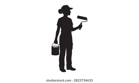 This image depicts a painter holding a paint roller and bucket, presented as a black silhouette against a white background.