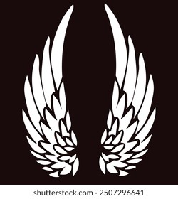 This image depicts a pair of wings rendered in a very simple and stylized manner. The wings are pure white and stand out against a black background. Their symmetrical and elegant shape gives a strong 