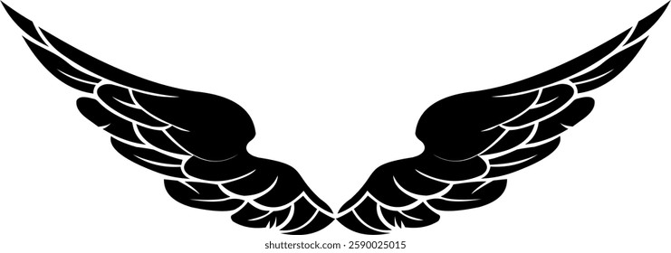 This image depicts a pair of wings rendered in a very simple and stylized manner. The wings are pure black and stand out against a white background. Their symmetrical and elegant shape gives a strong