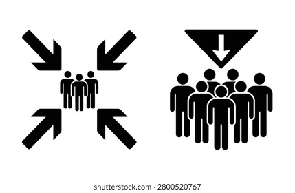This image depicts people dispersing and converging, rendered as a black silhouette against a white background. The figures are stylized.