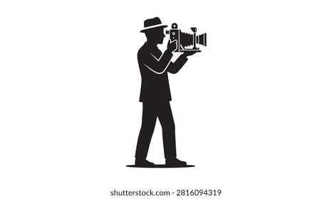 This image depicts a photographer holding a vintage camera, rendered as a black silhouette against a white background. The silhouette