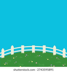This image depicts a picturesque landscape featuring a white fence situated on a lush green hill dotted with colorful flowers. The scene is set against a bright blue sky, evoking a sense of serenity and peacefulness. The image is ideal for use in contexts related to nature, outdoor activities, and scenic beauty.