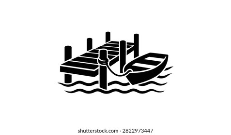 This image depicts a pier with a small boat tied to it set above wavy water presented as a black