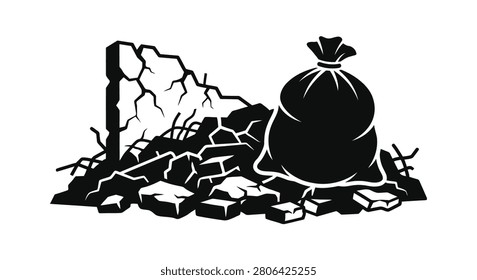 This image depicts a pile of rubble and a tied sack in a stark black and white silhouette style. The