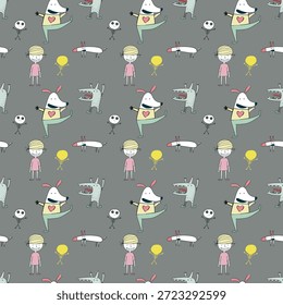 This image depicts a playful and whimsical scene featuring children and various animals. The children are dressed in colorful outfits and are accompanied by a variety of animals, including dogs, cats, and birds. The children are holding balloons and seem to be enjoying their time together. The background is a solid gray color, which makes the colorful figures stand out prominently.