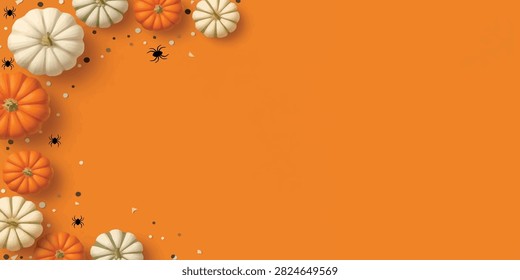 This image depicts pumpkins and spiders arranged on a solid orange background creating a seasonal autumn still life.