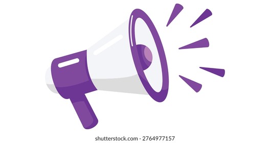 This image depicts a purple megaphone with sound waves emanating from it, set against a clean white background. The megaphone is a symbol of public speaking, announcement, and communication. It can be used to represent a loud voice, a call to action, or a message that needs to be conveyed to a large audience. The image is a digital illustration, created with a modern and sleek design, making it perfect for use in various marketing, advertising, and educational materials.