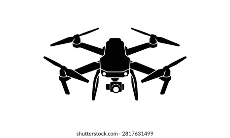 This image depicts a quadrotor drone with a camera presented as a black silhouette against a white background. The design