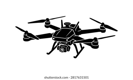 This image depicts a quadrotor drone with a camera rendered as a black silhouette against a white background. The silhouette
