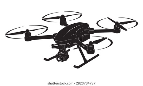 This image depicts a quadrotor drone with rotating blades, presented as a black silhouette against a white background. The silhouette