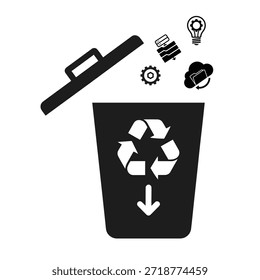 Esta Imagen muestra un contenedor de reciclaje designado específicamente para residuos electrónicos. La papelera presenta un símbolo de reciclaje prominente con una flecha que apunta hacia abajo. Encima de la papelera, se muestran varios iconos electrónicos, incluido un monitor de computadora, tarjeta de memoria, bombilla, equipo y una nube con un teléfono móvil, que indica los tipos de electrónica que se pueden reciclar en esta papelera.