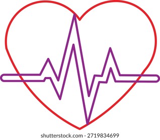 Esta imagem representa um contorno de coração vermelho contendo uma linha roxa de eletrocardiograma, simbolizando o ritmo de vida e representando a saúde cardiovascular e diagnósticos médicos.