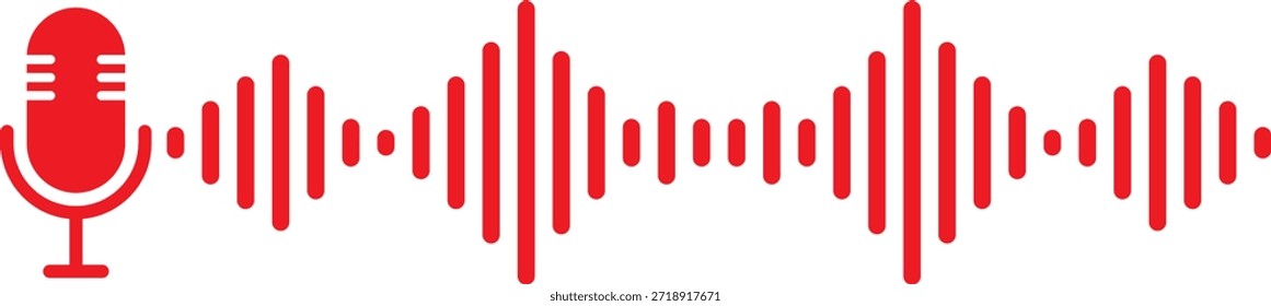 Esta Imagen representa un micrófono rojo en el lado izquierdo, seguido de una serie de ondas de sonido rojas que se extienden hacia la derecha. El micrófono se muestra capturando las ondas sonoras, ilustrando el proceso de grabación o transmisión del sonido. La Imagen es simple y utiliza un diseño minimalista para transmitir el concepto de captura de audio.