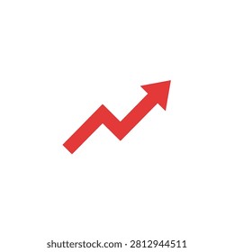 This image depicts a red upward-trending arrow graph with fluctuations presented as a flat vector illustration on a white background.