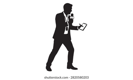 This image depicts a reporter holding a microphone and notepad, presented as a stark black silhouette against a white background.