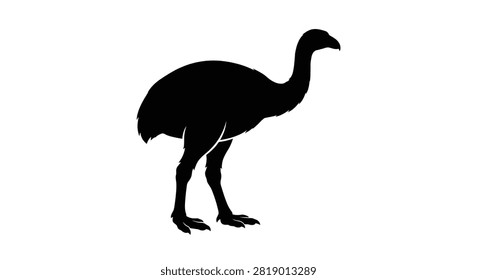 This image depicts a rhea bird as a black vector silhouette against a white background. The illustration showcases a detailed avian form, defined by its distinctive silhouette style and clean lines.