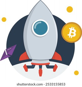 This image depicts a rocket launching, symbolizing the rapid growth of cryptocurrencies like Bitcoin and Ethereum. It highlights the rising adoption and limitless potential of blockchain technology