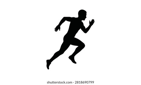 This image depicts a running man presented as a solid black silhouette against a white background. The silhouette style emphasizes