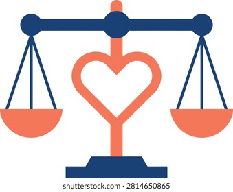 This image depicts scales of justice featuring heart-shaped counterweights, presented as a flat vector illustration with a clean white background.