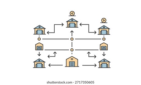 This image depicts a schematic diagram illustrating an interconnected network of buildings and pathways, representing complex organizational or system structures. The diagram emphasizes