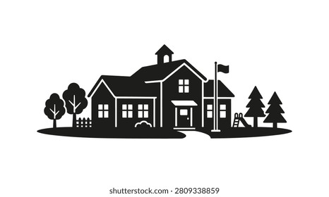 This image depicts a school building with surrounding trees and a playground presented as a solid black silhouette against a
