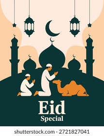Dieses Bild zeigt eine heitere Szene aus der Zeit des Heiligen Friedens mit einer Moschee, betenden Figuren, einem Kamel und islamischen Symbolen, die Frieden und Ehrfurcht vermitteln.