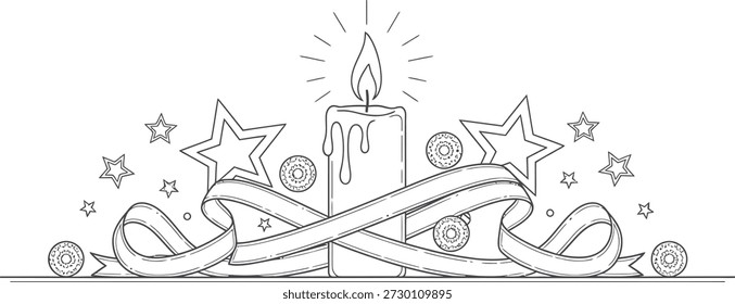 This image depicts a serene and elegant candle surrounded by decorative elements. The candle is adorned with a ribbon that is intricately woven around its base, adding a touch of sophistication. The surrounding area is embellished with stars and circular patterns, creating a festive atmosphere. The overall design suggests a sense of celebration and is suitable for various special occasions.