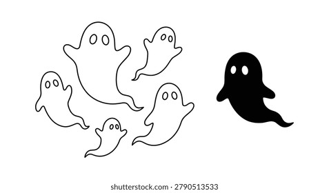 This image depicts several ghost shapes rendered in a linear style, alongside one solid black ghost silhouette. The ghosts are outlined with black lines against a white background, and the silhouette is a distinctive feature.