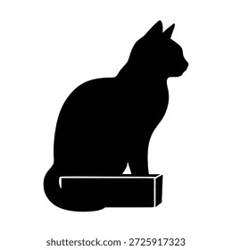 This image depicts the silhouette of a cat sitting on a box. The cat is facing to the right, with its tail neatly tucked underneath its body. The background is plain white, which highlights the dark, solid shape of the cat and the box.