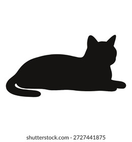 Esta imagem mostra a silhueta de um gato deitado em uma posição relaxada. O corpo do gato é esticado com a cabeça levantada e as orelhas apontadas para cima, dando uma sensação de calma e tranquilidade. A silhueta é em preto sobre um fundo branco, enfatizando a forma e a postura do gato.