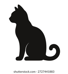 Esta Imagen representa la silueta de un gato sentado en posición vertical. El gato está mirando hacia la derecha, con su cola enrollada alrededor de su cuerpo. La silueta es de color negro sobre un fondo blanco, creando un marcado contraste que resalta la forma y la postura del gato.