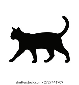 Dieses Bild zeigt die Silhouette einer Katze, die geht. Die Katze ist im Profil dargestellt, ihr Schwanz ist angehoben und der Körper leicht nach vorne geneigt, was auf Bewegung hindeutet. Der Hintergrund ist einfarbig weiß, was die dunkle, feste Form der Katze betont.