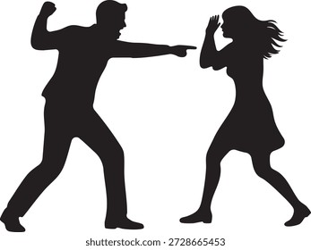 Esta imagem retrata a silhueta de um casal envolvido em uma discussão O homem está apontando o dedo para a mulher que parece estar chateada com a mão cobrindo seu rosto A cena é colocada contra um fundo transparente, destacando a interação dramática entre as duas figuras A imagem captura um momento de tensão e conflito emocional, enfatizando a dinâmica humana de desacordo e frustração