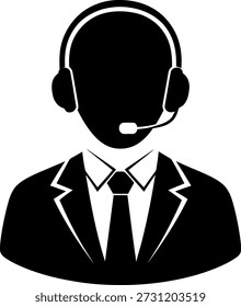 Esta imagem retrata uma silhueta de um representante de atendimento ao cliente usando um fone de ouvido e um terno de negócios. O indivíduo parece estar pronto para atender os clientes, indicando um papel profissional e de apoio. A silhueta é em preto e branco, enfatizando a natureza genérica e universal do papel.