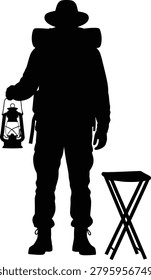 This image depicts a silhouette of a hiker holding a lantern set against a white background. 