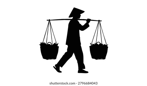 This image depicts a silhouette of a man carrying two baskets suspended from a yoke across his shoulders. The figure is wearing a traditional conical hat and is shown in