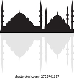 This image depicts the silhouette of a mosque with multiple domes and minarets. The mosque is reflected in the water below, creating a symmetrical and serene scene. The black silhouette contrasts sharply with the white background, emphasizing the architectural details of the mosque.