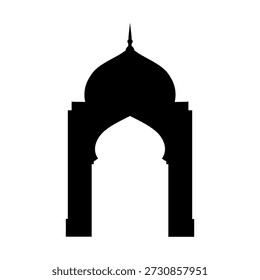 Esta imagem mostra a silhueta da entrada de uma mesquita. A entrada possui um grande arco central com dois arcos menores em cada lado. Acima do arco central há uma cúpula coberta com um final. O design é simples, mas elegante, enfatizando a beleza arquitetônica das estruturas islâmicas.