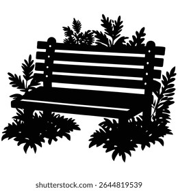 This image depicts a silhouette of a wooden bench nestled among plants and bushes, which creates a secluded and natural look. The setting is isolated on transparent background.
