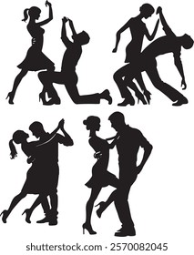 This image depicts silhouettes of couples dancing in various dynamic and expressive poses, showcasing the elegance and passion of partner dance styles. The figures emphasize movement, rhythm, and conn