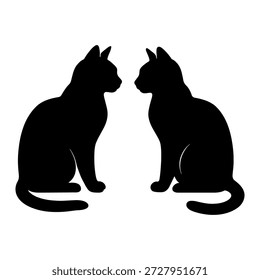 Esta Imagen representa las siluetas de dos gatos enfrentados entre sí. Los gatos están sentados erguidos con la cola extendida detrás de ellos. La Imagen es en blanco y negro, enfatizando las Formas y formas de los gatos.