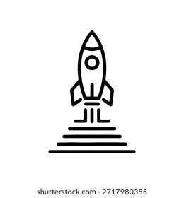 Esta Imagen representa un simple ícono en blanco y negro de un lanzamiento de cohetes. El cohete se muestra en una posición de Vertical con llamas en la base, lo que indica que está en proceso de lanzamiento. El diseño es minimalista y utiliza líneas limpias y audaces.