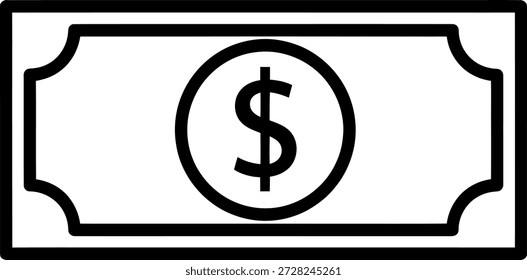 Esta Imagen representa una simple ilustración en blanco y negro de un billete de un dólar. El billete presenta un prominente Iniciar sesión de un dólar en el centro, rodeado por un borde decorativo. El diseño es minimalista, enfatizando el signo del dólar como el punto focal.