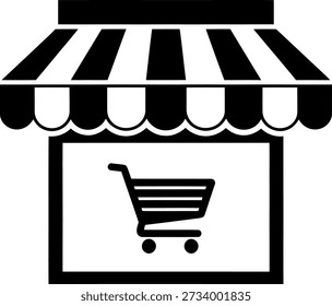 This image depicts a simple, black and white illustration of a storefront with a striped awning and a shopping cart in the window. The storefront is rectangular with a flat roof, and the awning has alternating black and white stripes. The shopping cart is centered in the window, facing towards the left side of the image.
