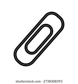 This image depicts a simple, black outline of a paper clip, which is a common office supply used for binding sheets of paper together. The design is minimalistic, featuring a smooth, continuous loop with rounded ends, emphasizing its functional and utilitarian nature.