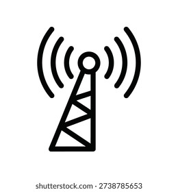 This image depicts a simple black and white line drawing of a cellular network tower with radiating signal waves extending outward, symbolizing wireless communication and network connectivity. The design is minimalistic and commonly used to represent mobile networks, internet connectivity, and telecommunication services.