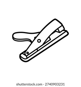 This image depicts a simple, black and white line drawing of a standard office stapler. The stapler has a handle on the left side and a mechanism to hold a single staple, which is positioned vertically. The design is minimalistic and commonly used in office settings for binding papers together.