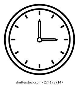 This image depicts a simple, black and white clock face with a thin black border. The clock has two hands, an hour hand and a minute hand, both of which are black. The hour hand is pointing at the 1, and the minute hand is pointing at the 12, indicating the time is exactly 1:00. The clock face is divided into 12 sections, each marked with a short black line.