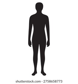 This image depicts a simple black silhouette of a human figure standing upright with arms relaxed by the sides and feet positioned shoulder-width apart. The figure is facing forward, and the overall shape is generic, lacking any detailed features or clothing.